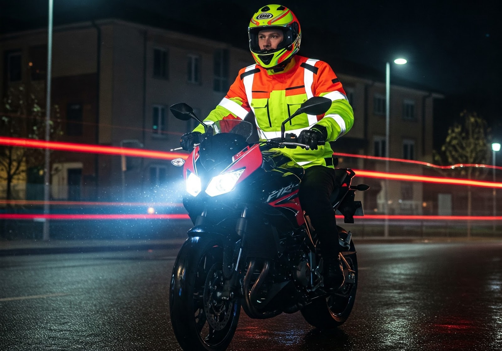 A motorcyclist wearing a high-visibility jacket and helmet rides a red and black sportbike through a wet city street at night with headlights shining brightly.
