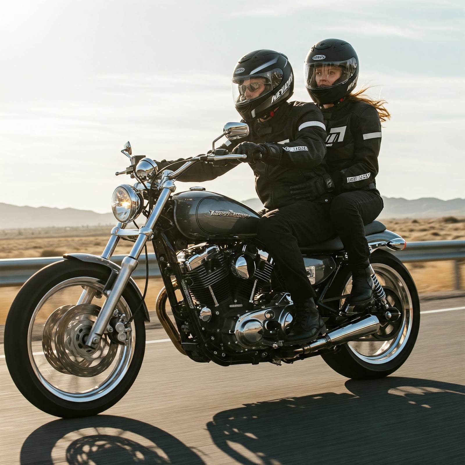 A man and a woman ride a cruiser motorcycle on an open highway.