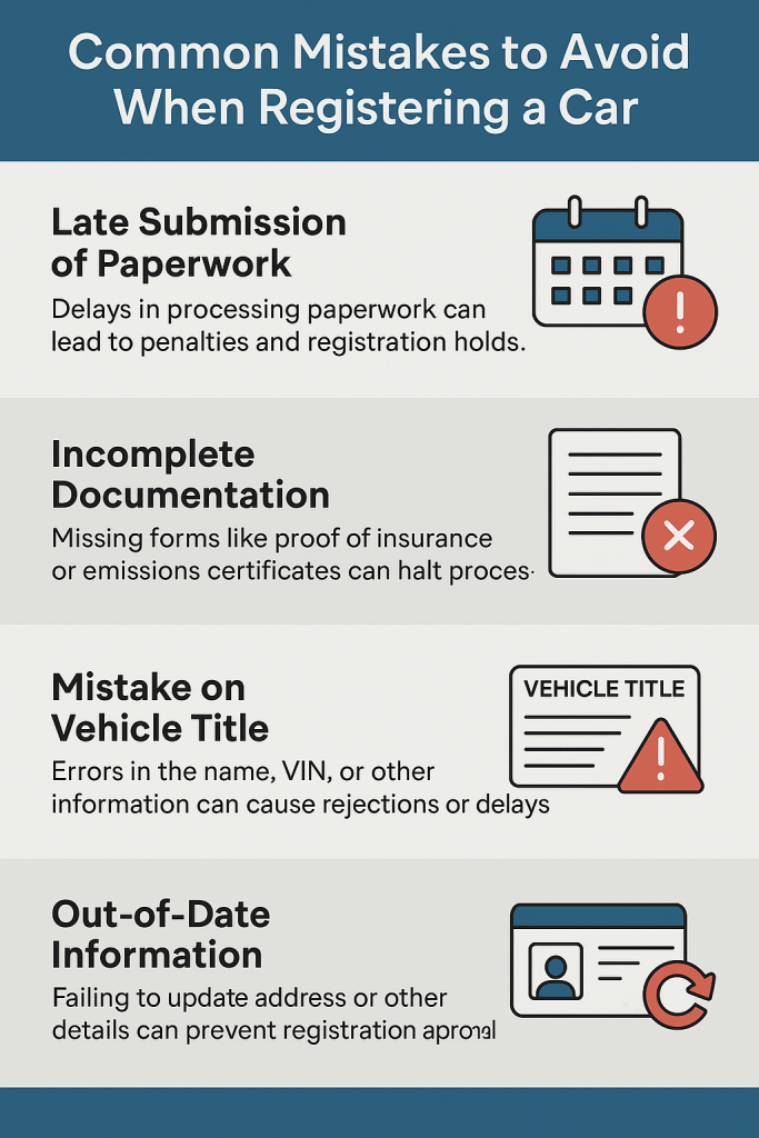 An infographic highlighting common documentation and title errors in Montana vehicle registration, including late paperwork, incomplete documentation, title mistakes, and outdated information that can delay processing.