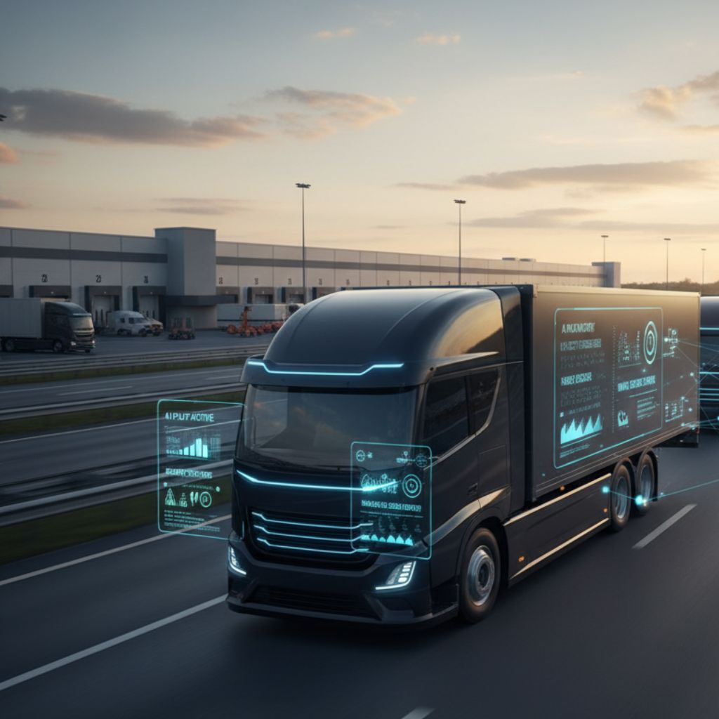 On the Open Road image featuring a modern truck on the open road, incorporating elements of AI and automation