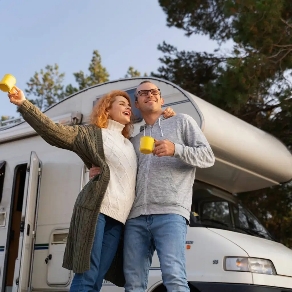 A happy couple stands in front of their RV holding coffee mugs, highlighting the freedom of RV ownership and the importance of proper motorhome registration and title.