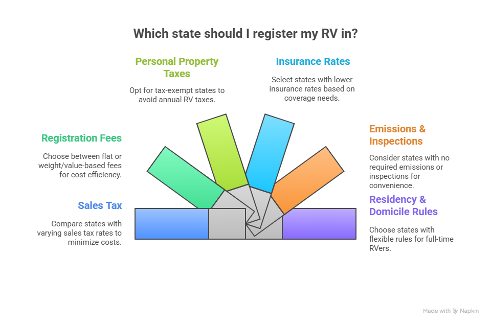 Infographic showing six key factors for selecting a state for RV registration, including sales tax, registration fees, personal property taxes, insurance rates, emissions and inspections, and residency rules.
