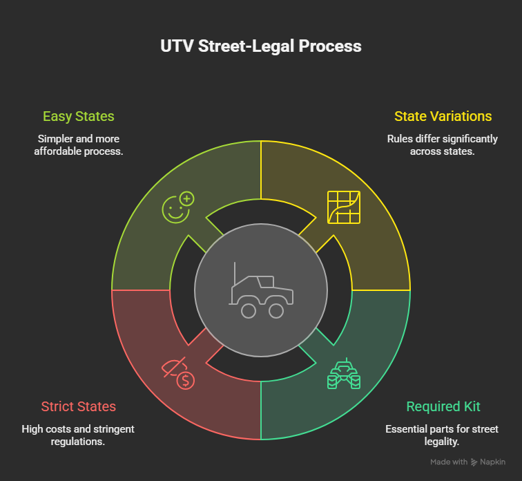 Infographic showing how to make a UTV street legal, including required lights, mirrors, horn, windshield, and state-specific rules.