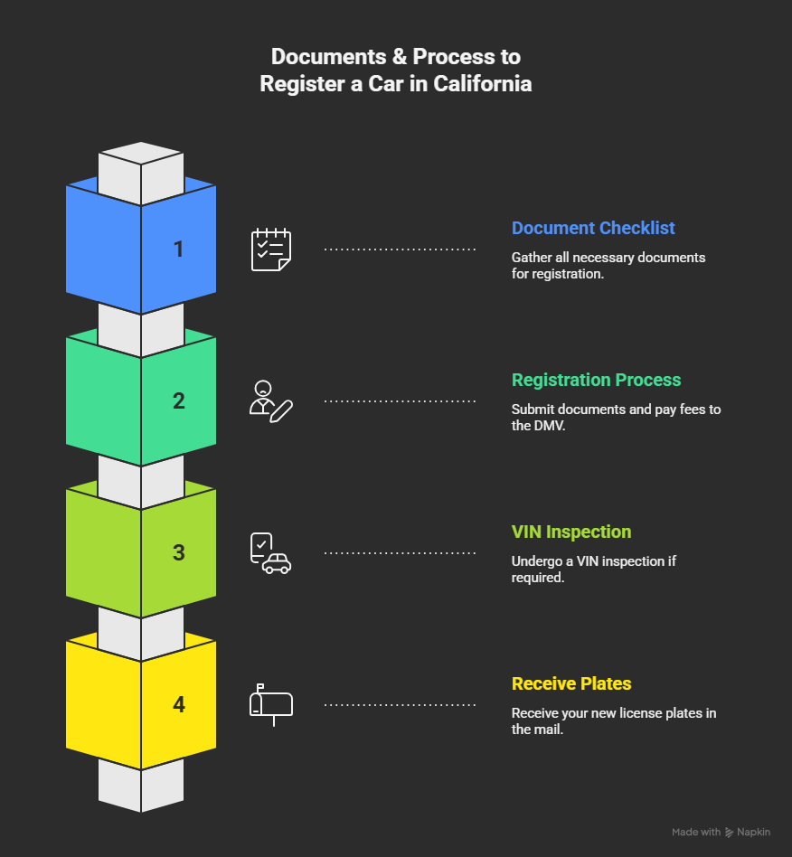 Infographic showing required documents and steps to register a car in California, including title, insurance, smog test, fees, VIN inspection, and DMV submission process. Infographic showing required documents and steps to register a car in California, including title, insurance, smog test, fees, VIN inspection, and DMV submission process.