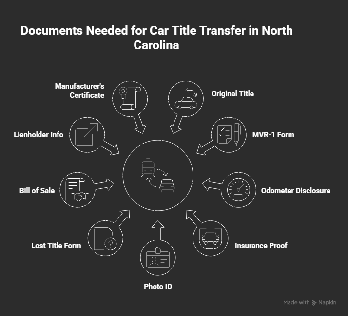 Infographic showing required documents for transferring a car title in North Carolina, including title, MVR-1, insurance proof, ID, and bill of sale.