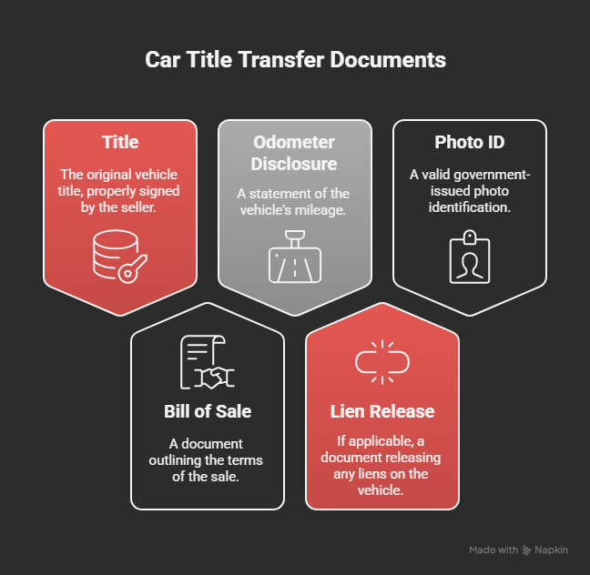 Infographic showing required documents for transferring a car title in Ohio, including original signed title, bill of sale, odometer reading, lien release, and photo ID. Infographic showing required documents for transferring a car title in Ohio, including original signed title, bill of sale, odometer reading, lien release, and photo ID.