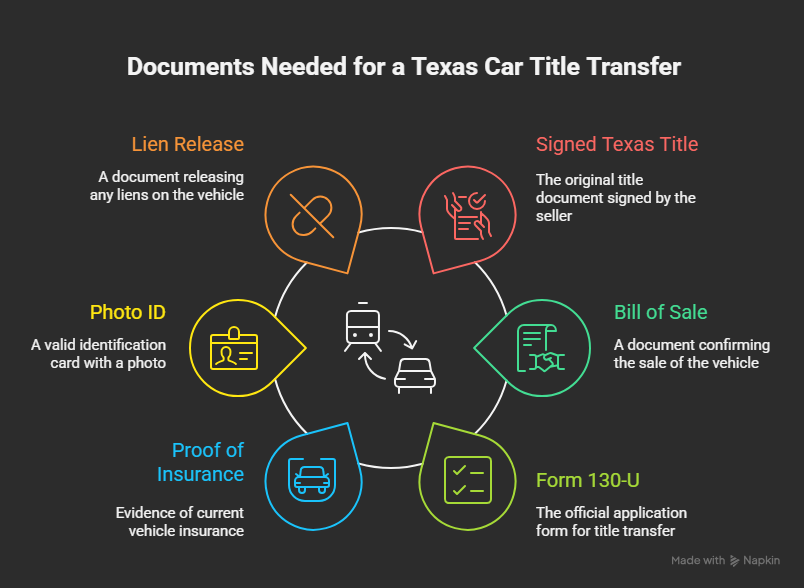 Infographic showing required documents for transferring a car title in Texas, including signed title, bill of sale, Form 130-U, proof of insurance, photo ID, and lien release.
