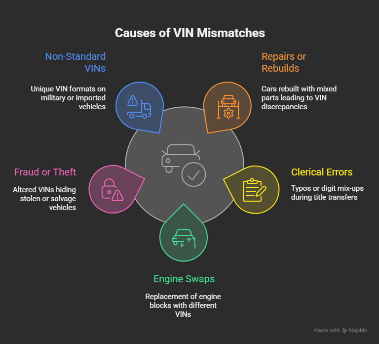 Infographic illustrating the main causes of VIN mismatches including repairs, clerical errors, engine swaps, fraud, and non-standard VINs. Infographic illustrating the main causes of VIN mismatches including repairs, clerical errors, engine swaps, fraud, and non-standard VINs.