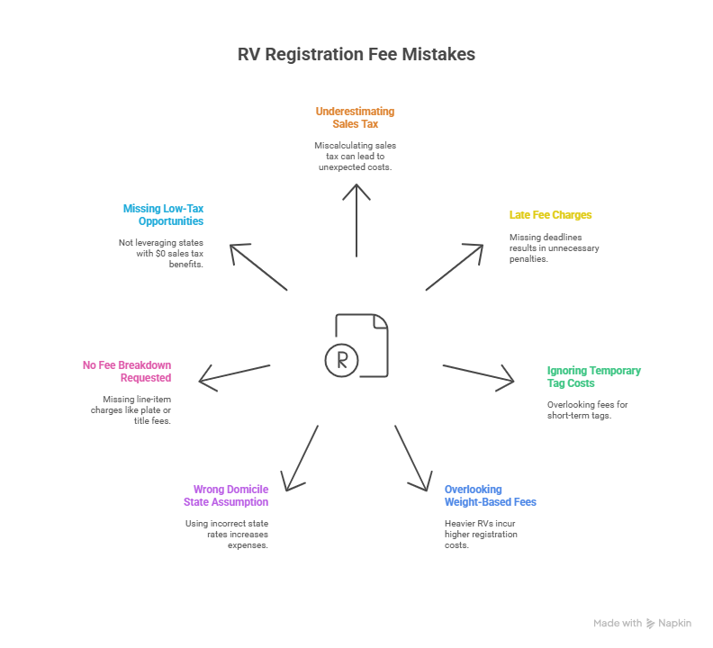ommon RV registration fee mistakes diagram showing issues like sales tax, tag costs, domicile assumptions, and missed low-tax opportunities.
