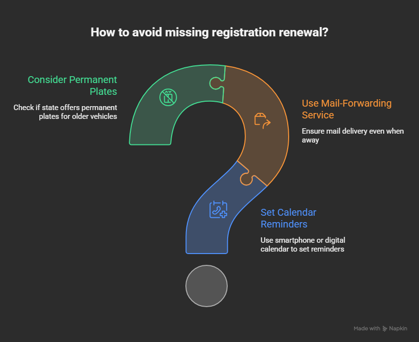 Infographic explaining how to avoid missing vehicle registration renewals using reminders, mail-forwarding services, and permanent plate options.