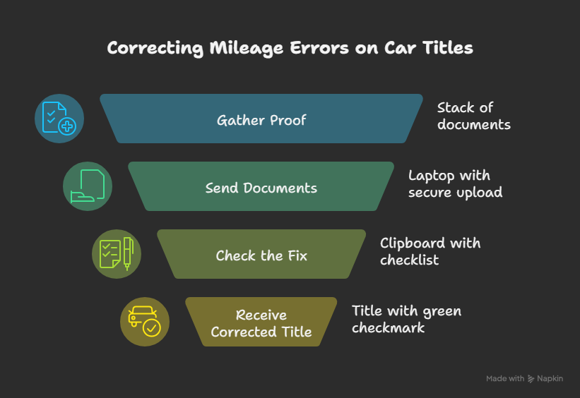 Infographic showing five steps to correct a mileage error on a car title: spotting the error, gathering proof, sending documents securely, verifying the fix, and receiving a corrected title.