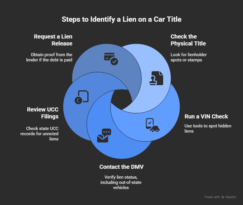 Infographic showing steps to identify a lien on a car title, including checking the title, running a VIN check, contacting the DMV, reviewing UCC filings, and requesting a lien release.