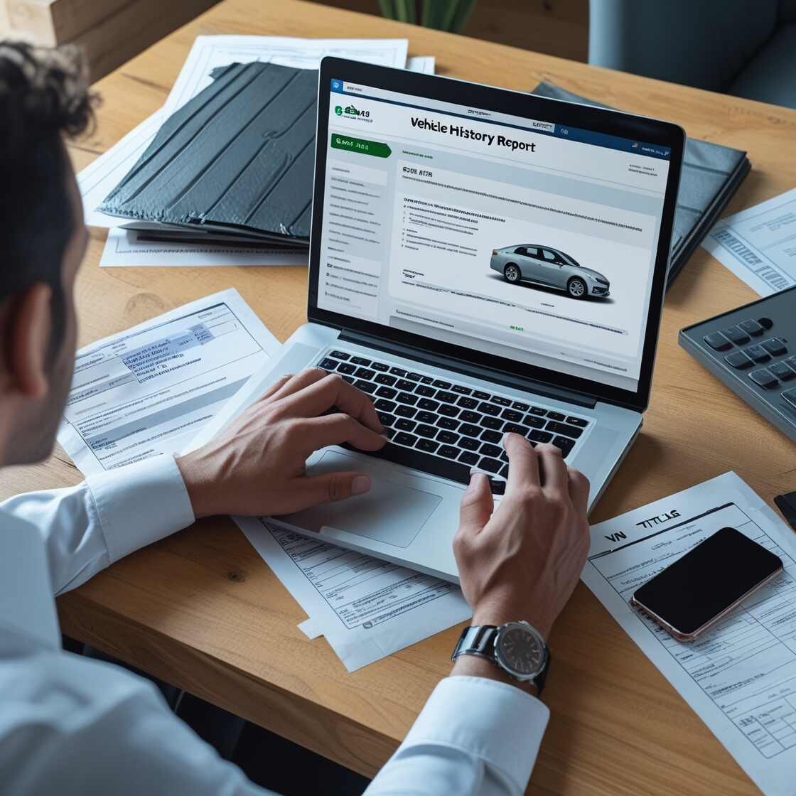 A person is working at a desk with a laptop displaying a "Vehicle History Report" from a website, featuring an image of a car.