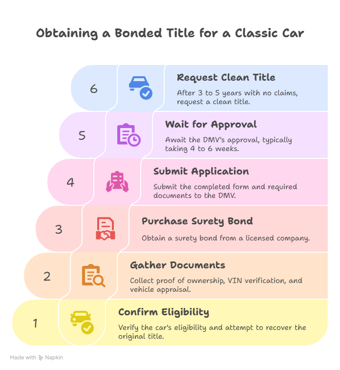 Realistic infographic showing the step-by-step process to obtain a bonded title for a classic car in the USA, including eligibility check, VIN inspection, appraisal, surety bond purchase, DMV submission, and registration. Realistic infographic showing the step-by-step process to obtain a bonded title for a classic car in the USA, including eligibility check, VIN inspection, appraisal, surety bond purchase, DMV submission, and registration.