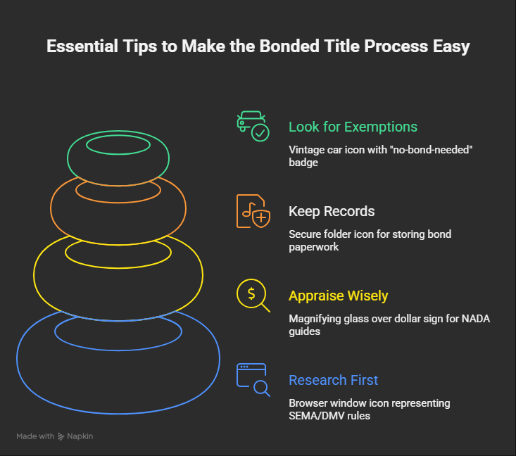 Infographic showing essential steps for making the bonded title process easier, including research, proper appraisal, record keeping, and checking for exemptions. Infographic showing essential steps for making the bonded title process easier, including research, proper appraisal, record keeping, and checking for exemptions.