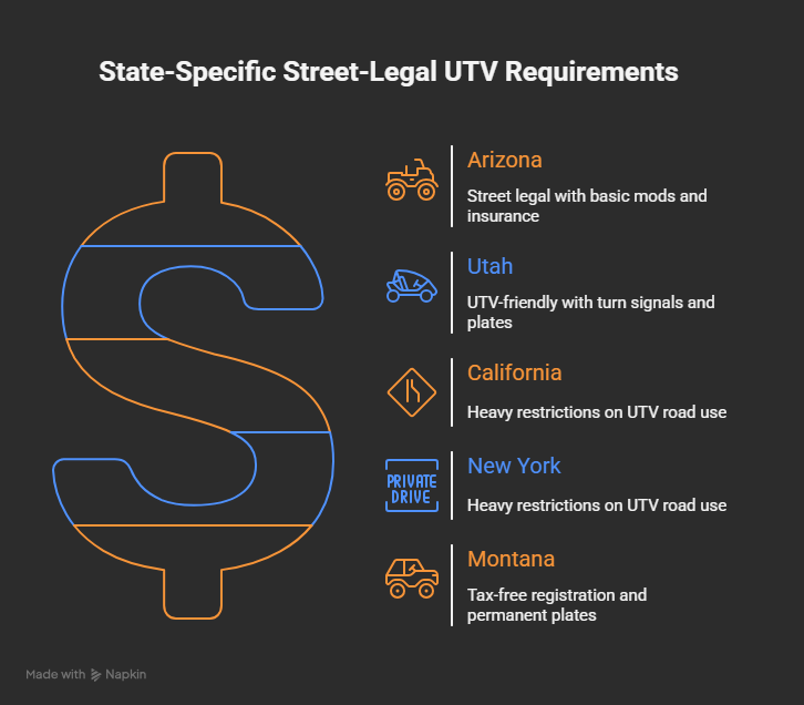 Step-by-step infographic comparing state-specific UTV street legal requirements for Arizona, Utah, California, New York, and Montana with DMV and tax details.