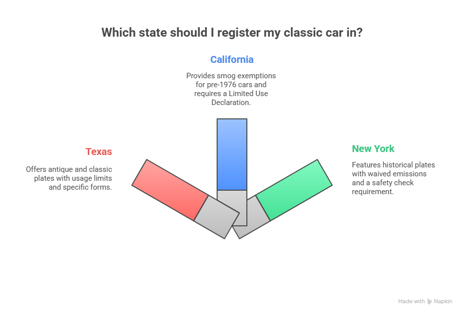 Infographic comparing classic car registration rules in Texas, California, and New York with highlights on plate types, emissions, and required forms Infographic comparing classic car registration rules in Texas, California, and New York with highlights on plate types, emissions, and required forms