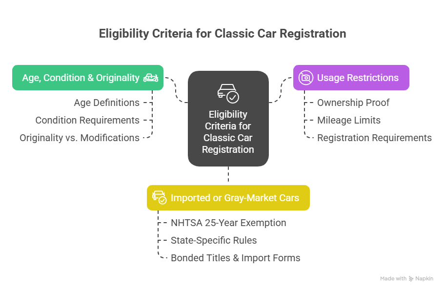 Infographic showing the eligibility criteria for classic car registration, including age, condition, originality, usage restrictions, and rules for imported or gray-market vehicles. Infographic showing the eligibility criteria for classic car registration, including age, condition, originality, usage restrictions, and rules for imported or gray-market vehicles.