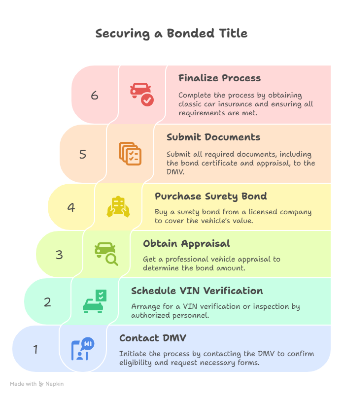 Realistic infographic showing the step-by-step process to secure a bonded title for a vintage or classic car in the USA, including DMV forms, VIN inspection, appraisal, surety bond, and submission of documents.
