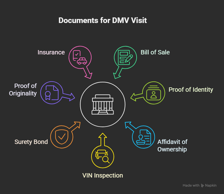 Infographic showing a checklist of essential DMV documents including bill of sale, ID, affidavit of ownership, VIN inspection, surety bond, originality proof, and insurance.