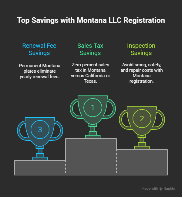 Infographic showing savings from Montana LLC out-of-state registration, including avoided sales tax, inspection fees, renewal costs, and faster processing times.