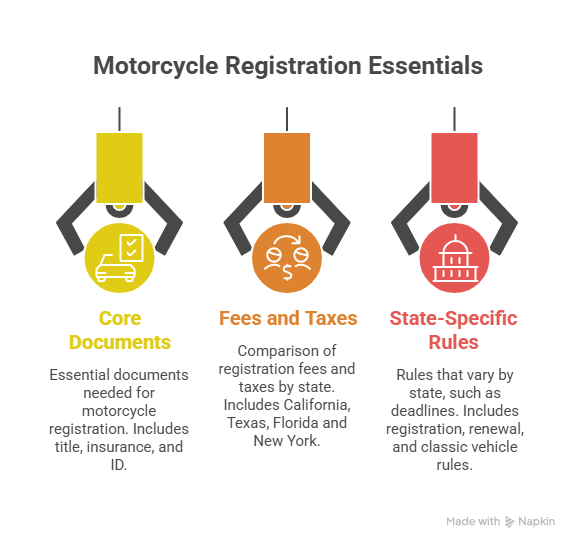 Three-section infographic showing motorcycle registration essentials, including core documents, state fees and taxes, and state-specific rules with icons for each.
