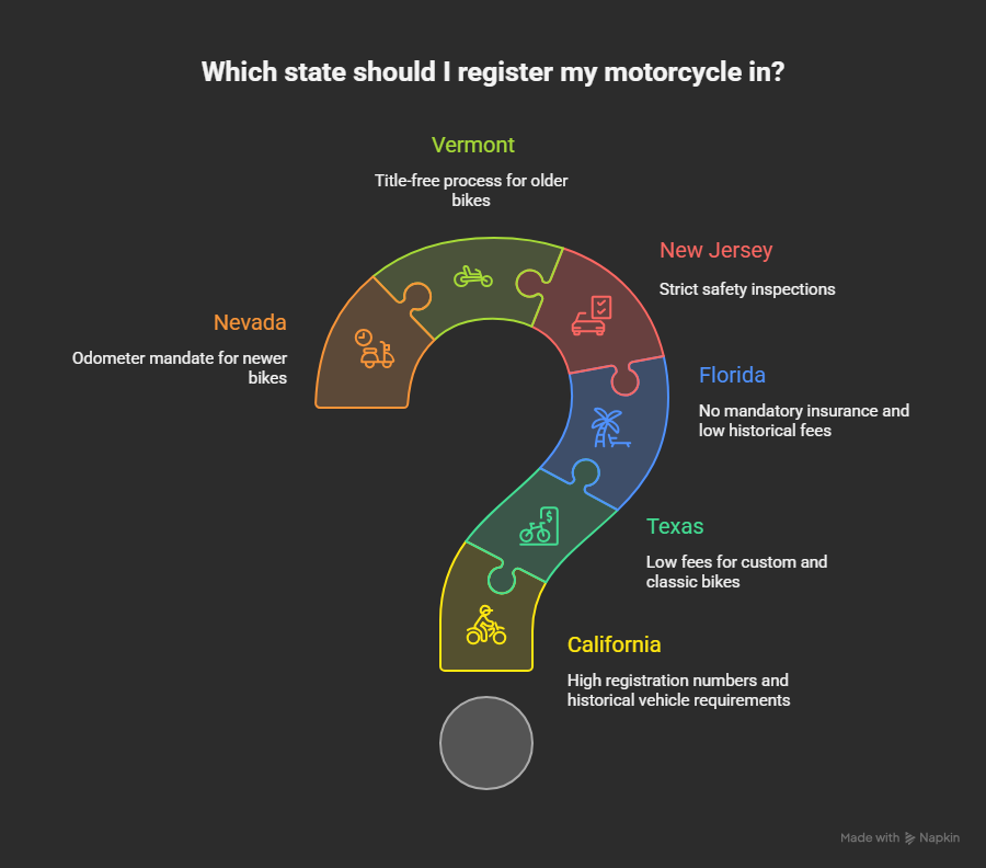 Infographic comparing motorcycle registration rules by state, including fees, inspections, mileage requirements, and how to find state-specific DMV information.