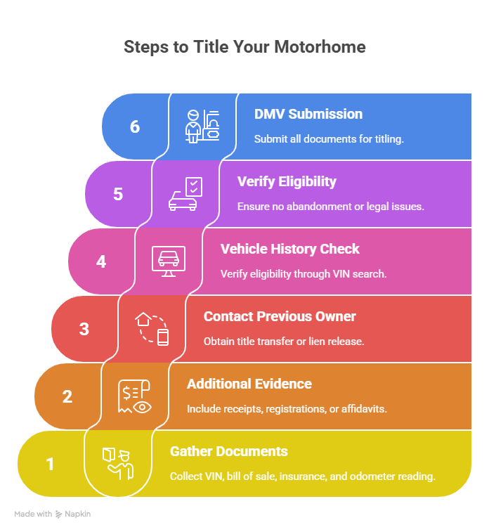 Realistic infographic showing essential first steps to title a motorhome in the USA, including gathering documents, verifying vehicle eligibility, and checking VIN history. Realistic infographic showing essential first steps to title a motorhome in the USA, including gathering documents, verifying vehicle eligibility, and checking VIN history.