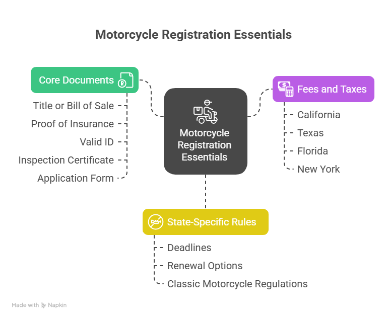 Diagram showing essential elements for motorcycle registration, including core documents, state fees and taxes, and state-specific rules.