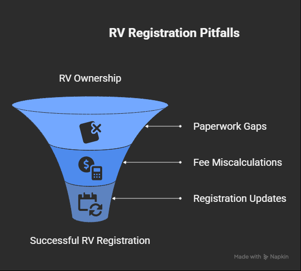 Infographic explaining RV registration pitfalls including missing paperwork, fee miscalculations, and state re-registration deadlines.