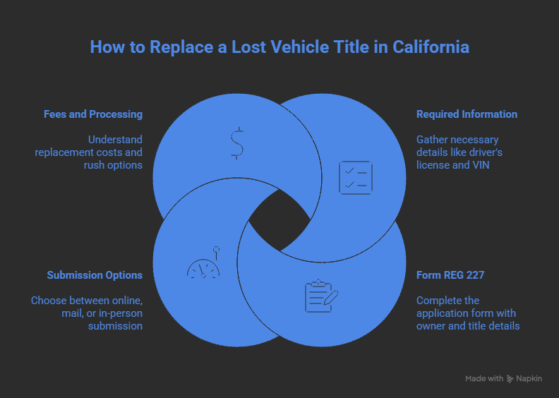 Infographic explaining how to replace a lost or damaged vehicle title in California, including required documents, REG 227 form steps, submission methods, and fees. Infographic explaining how to replace a lost or damaged vehicle title in California, including required documents, REG 227 form steps, submission methods, and fees.