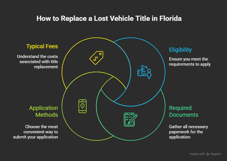 Infographic showing the step-by-step process to replace a lost vehicle title in Florida, including eligibility, required forms, application methods, and fees. Infographic showing the step-by-step process to replace a lost vehicle title in Florida, including eligibility, required forms, application methods, and fees.