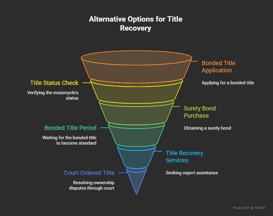 Step-by-step infographic explaining alternative options for motorcycle title recovery, including bonded titles, title recovery services, and court-ordered titles. Step-by-step infographic explaining alternative options for motorcycle title recovery, including bonded titles, title recovery services, and court-ordered titles.
