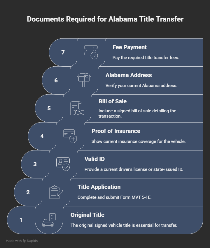 Infographic displaying required documents for an Alabama vehicle title transfer, including core paperwork, special-case documents, and notarization rules.