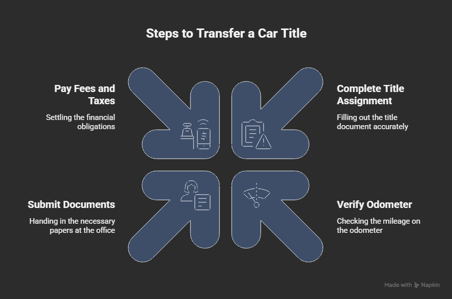 Infographic showing four steps to transfer a car title: completing the title assignment, verifying the odometer, submitting documents at the county tag office, and paying fees and taxes. Infographic showing four steps to transfer a car title: completing the title assignment, verifying the odometer, submitting documents at the county tag office, and paying fees and taxes.