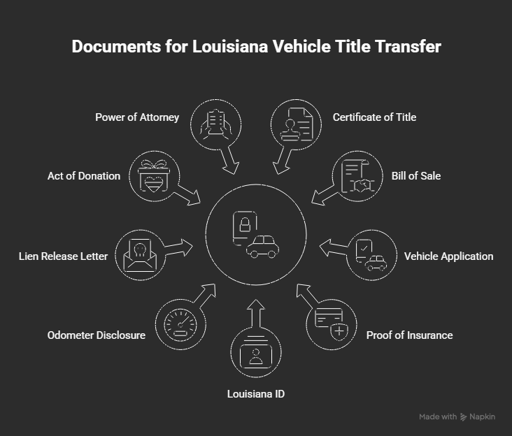 Infographic showing required documents for a Louisiana vehicle title transfer, including title, bill of sale, insurance, ID, lien release, and special situation paperwork.