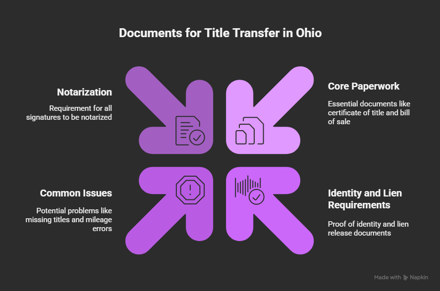 Infographic showing the required documents for an Ohio vehicle title transfer, including title, bill of sale, odometer disclosure, ID, lien release, and notarization requirement.