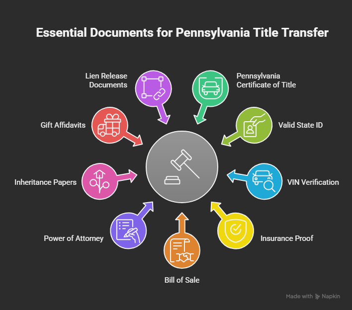 Infographic showing the essential documents needed for a Pennsylvania vehicle title transfer, including IDs, title, insurance, VIN verification, and optional special-case paperwork.