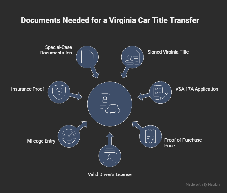Infographic listing the documents required for a Virginia car title transfer, including standard paperwork and special-case documents.