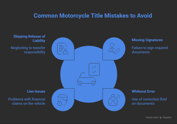 Infographic showing common motorcycle title mistakes to avoid, including missing signatures, using whiteout, unresolved liens, and skipping the release of liability form.