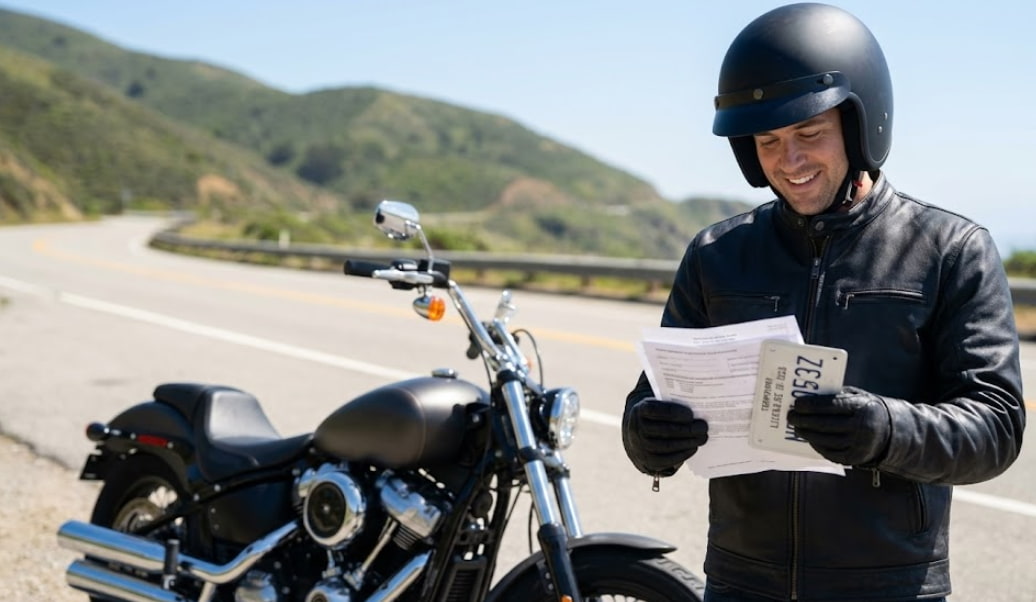 Black motorcycle parked outside DMV office with a man checking registration papers, illustrating motorcycle registration process. Black motorcycle parked outside DMV office with a man checking registration papers, illustrating motorcycle registration process.