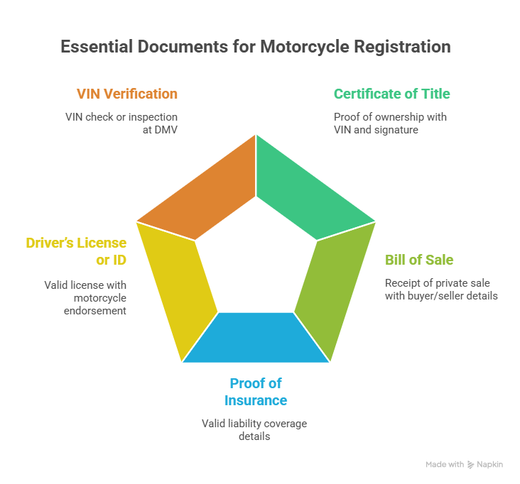 Infographic displaying five essential documents for motorcycle registration: Certificate of Title, Bill of Sale, Proof of Insurance, Driver’s License or ID, and VIN Verification, arranged in a colorful pentagon layout.