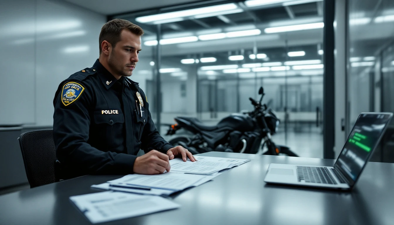 A professional, high-stakes enforcement scene set inside a California Highway Patrol station or modern government facility interior. A California Highway Patrol officer in full uniform stands at a des