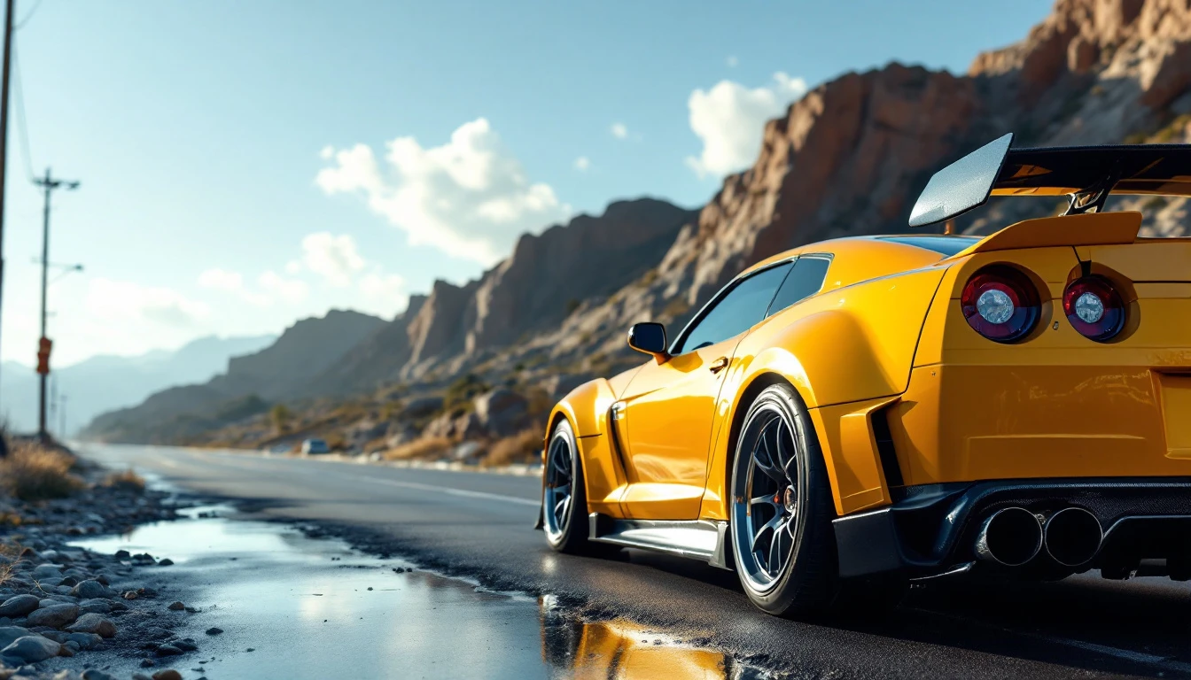 Yellow modified sports car with custom aerodynamic parts parked on coastal road near rocky cliffs.