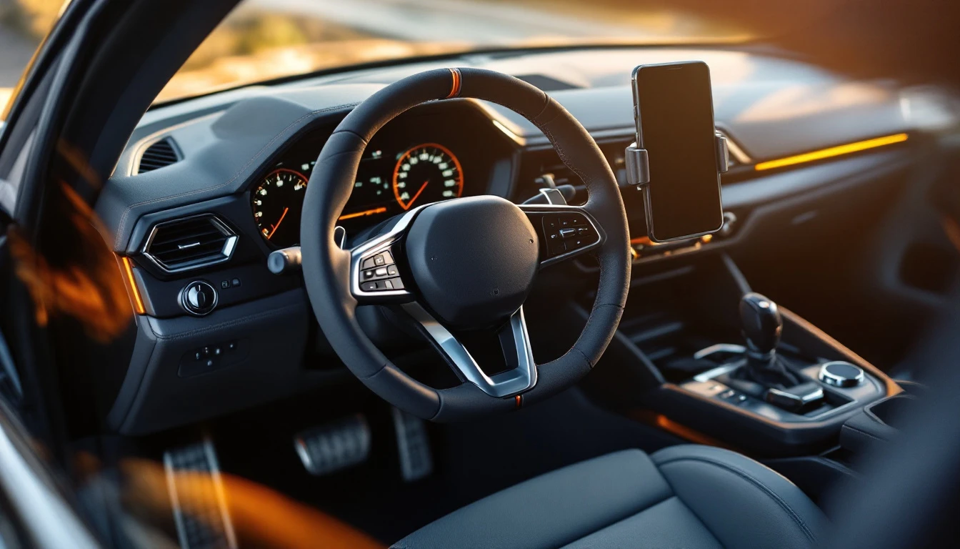 Modern car interior dashboard with smartphone mount upgrade, steering wheel and gauges illuminated by golden sunlight