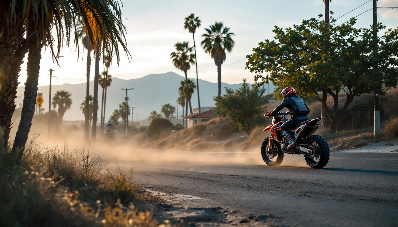 Dirt bike rider in red and blue gear riding on dusty road with palm trees and mountains in background