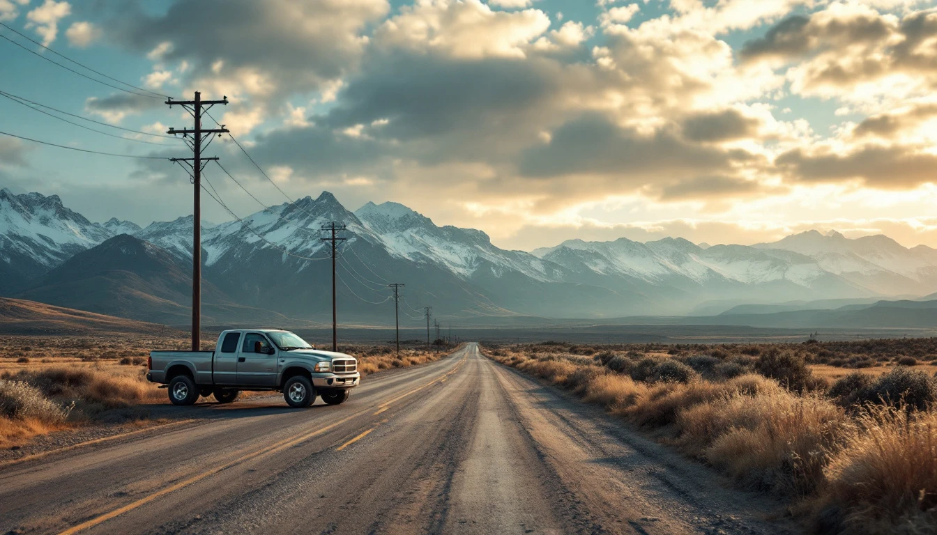 Pickup truck parked on desert highway with snow-capped mountains and power lines stretching toward horizon