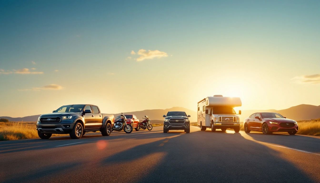 Various vehicles on desert highway at sunset, including truck, motorcycle, camper