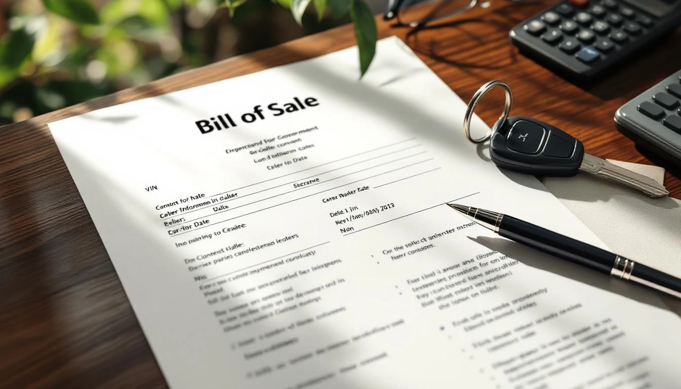 Bill of sale document on desk with car keys and pen for private vehicle transaction paperwork