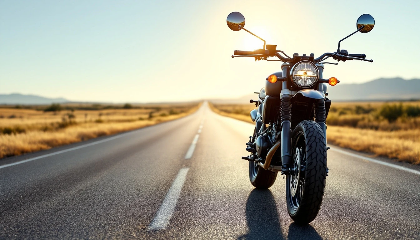 Cruiser motorcycle parked on open desert highway, representing street-legal riding regulations and requirements.